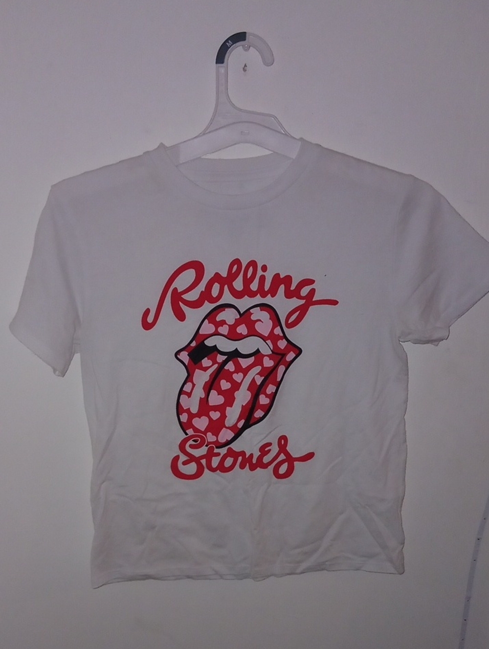 the Rolling Stones White Tee with Red and Pink Heart Tongue Graphic Size MD